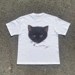 Y2k Wrinkled Cat Grunge Retro Hip Hop Style White Top T-shirt Emo Aesthetic Clothes Harajuku Y2K Top