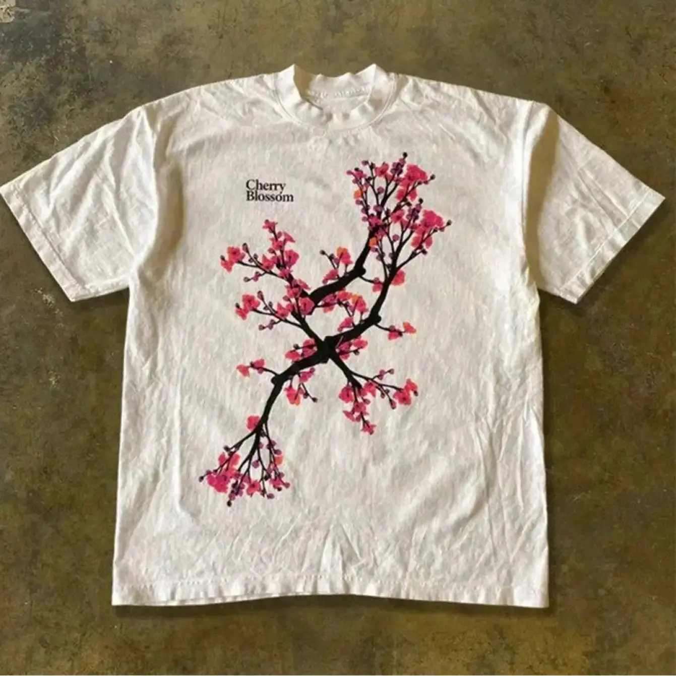Japanese Sakura Y2K Vintage Kawaii Cherry Blossom Graphic Tee with Black & Pink Floral Design Slim Fit Crew Neck Short Sleeve